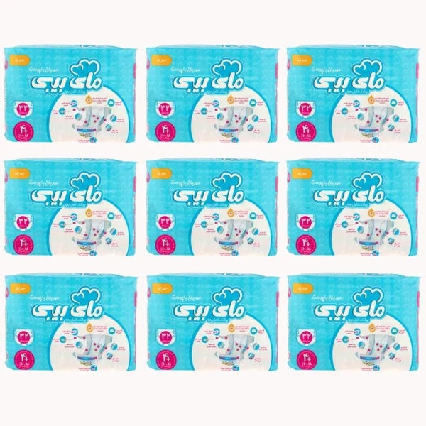 پوشک مای بیبی آبی مدل مهربان سایز 4Plus بسته 32 عددی مجموعه 9 عددی