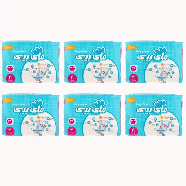 پوشک مای بیبی آبی مدل مهربان سایز 4Plus بسته 32 عددی مجموعه 6 عددی