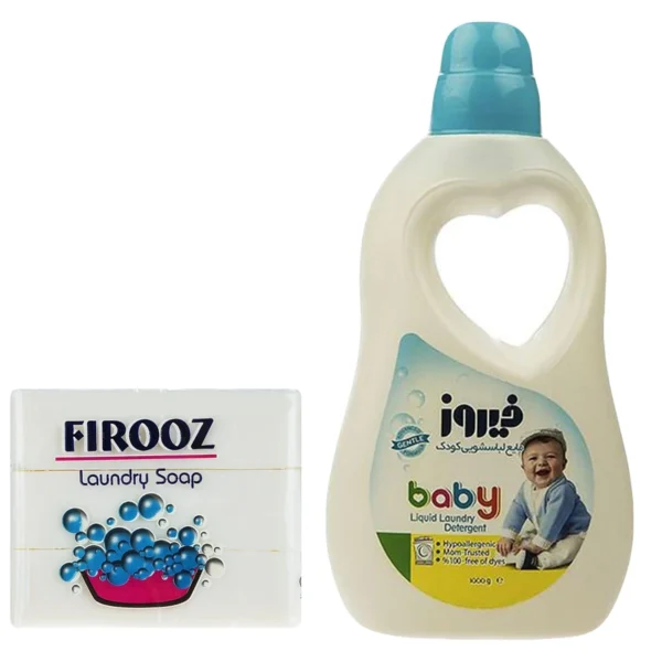 مایع لباسشویی فیروز مدل Blue وزن 1000 گرم به همراه صابون لباسشویی فیروز بسته 4 عددی