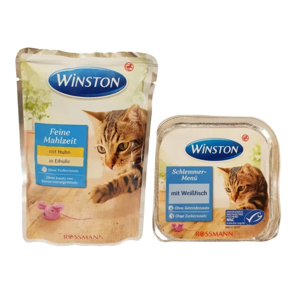 غذای گربه وینستون مدل WeiBfisch وزن 100 گرم همراه سوپ گربه وینستون مدل Huhn in Eihulle وزن 100 گرم