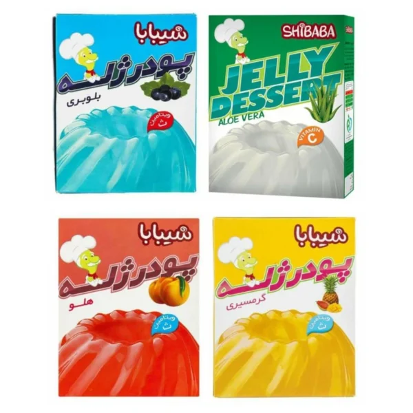 پودر ژله بلوبری و آلوئه ورا و هلو و میوه های گرمسیری شیبابا -100 گرم مجموعه 4 عددی