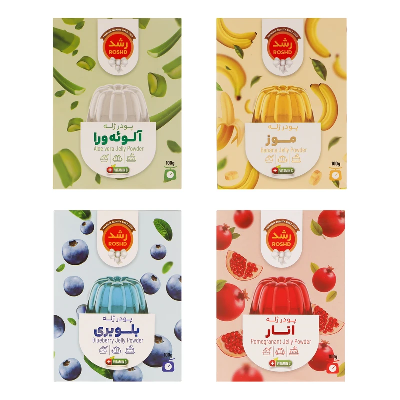 qualityq_90-40511 پودر ژله با طعم بلوبری موز آلوئه ورا انار رشد - 100 گرم بسته 4 عددی - تصویر 1