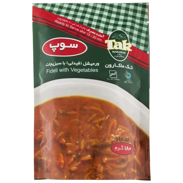 سوپ ورمیشل سبزیجات با طعم گوجه فرنگی تک ماکارون مقدار 180 گرمی